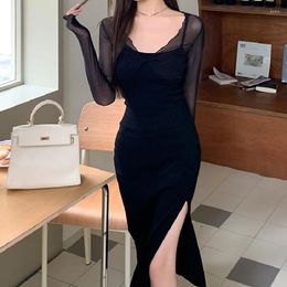 Casual Dresses 2023 Summer Two Piece Set Women Outfits Thin Gauze Blouse Spaghetti Strap Sexy Dress Sets Korean Chic Black 2 Suits