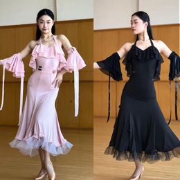 Stage Wear Ballroom Dance Clothes Women Ruffled Tops Skirt Adult Pink Black Latin Performance Costume Waltz Dress BL10766