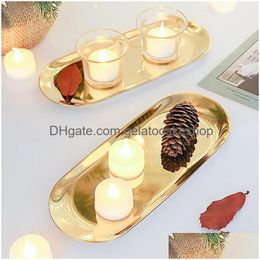 Kitchen Storage Organization 2Pcs Metal Oval Mirrored Candle Holder Stainless Steel Towel Tray Decorative Cosmetics Organizer Tea Dhswp