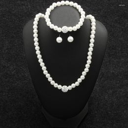 Necklace Earrings Set Full White Simulated Pearl Beads Stud Crystal Ball Bracelets For Women