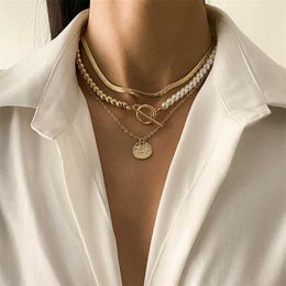 Pendant Necklaces Layered Pearl Beads Chain with Coin Necklace for Women Snake Chains on Neck Choker 2023 Fashion Jewellery Gift 230613