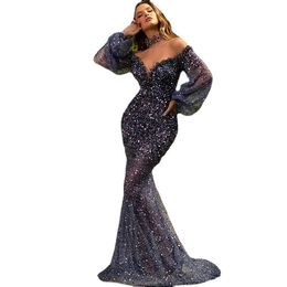 Elegant Mermaid Evening Dresses Off Shoulder Poet Long Sleeve Sequins Beads Lace Prom Dress Sweep Train Special Occasion Dresses