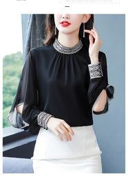 Women high embroidery quality stand collar silk satim black Colour hollow out long sleeve blouse desinger shirt tops MLXLXXL3XL4XL
