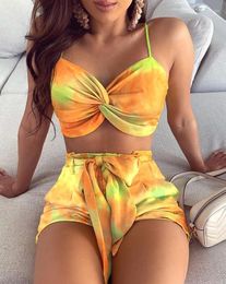 Women's Tracksuits 2023 Summer Fashion Women's Sexy Mini Low Cut Tie Dye Print Sleeveless Crop Top & Tied Detail Shorts Sets