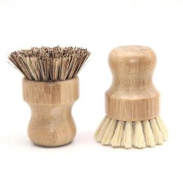 Round Wood Brush Handle Pot Dish Household Sisal Palm Bamboo Kitchen Chores Rub Cleaning Brushes Wholesale