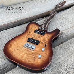 Acepro Brown Burst Electric Guitar Black P90 Pickups Roasted Maple Neck Spalted Maple Top Abalone Dots Inlay Chrome Hardware