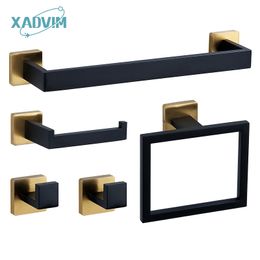 Bath Accessory Set Black Gold Bathroom Hardware Wall Mount Stainless Steel Towel Bar Ring Paper Holder Robe Hook Accessories 230616
