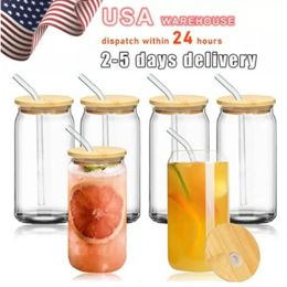 US CA Warehouse 2 Days Delivery 12oz 16oz Sublimation Glass Can Tumbler Frosted Cola Can Bamboo Lid Beer Cocktail Cup Whiskey Coffee Mug Iced Tea Jar