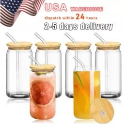 US-CA-Lager 12oz 16oz Sublimationsglas-Bierkrüge mit Bambusdeckel, Strohhalm, DIY-Rohlinge, gefrostete, durchsichtige Becher in Dosenform, Tassen, erhitzen, Cocktail, Eiskaffee, Limonade