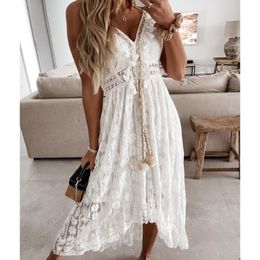 Women's Swimwear V-neck Lace Up Cover Up For Woman White Sexy Lace Loose Holiday Beach Slip Dress Summer Maxi Dress Beachwear 230616