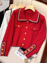 Women's Knits ZOKI Fashion Button Up Women Cardigan Knitted Korean Turn Down Collar Red Sweater Fall Chic Short Jacket Elegant Ladies Coats