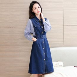 Casual Dresses #2714 Spring Autumn Batwing Sleeve Denim Dress Women With Belt High Waisted A-line Single Breasted Jeans Office