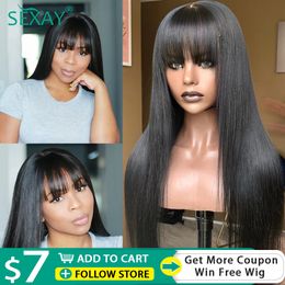 Synthetic Wigs Sexay Scalp Bang Human Hair Wig Raw Indian Straight Fringe Fake 8 24 Inch 200 Density For Women 230617