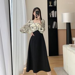 Casual Dresses Celebrity Dress Female High Grade Black Square Neck Spring Style Bubble Sleeve French Hepburn Small