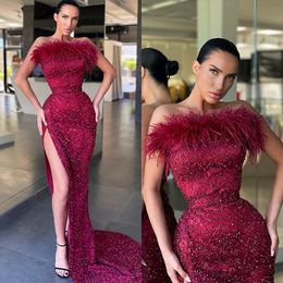 Elegant Burgundy Prom Dresses Feathers Strapless Glitter Party Evening Gowns Slit Formal Long Special Occasion dress