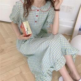 Women's Sleepwear Pyjamas Women Plaid Sweet Students Ruffles Summer Mid-calf Puff Sleeve Leisure Nightdress Soft Baggy Cotton Stylish Girl