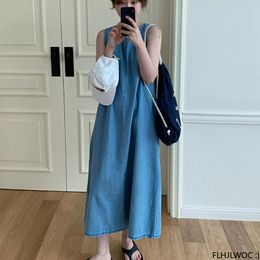 Casual Dresses Denim Design Woman Cute Sweet Korea Chic Style Girls Retro Vintage Cotton Jeans Blue Bow Tie Sleeveless Long Dress