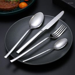 Dinnerware Sets 4Pcs Stainless Steel Square Handle Cutlery Set Knife Fork Spoon Kit Tableware Teaspoon Portable Dishwasher Safe