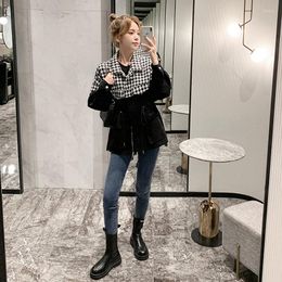 Women's Jackets Vintage Womens Jacket Korean Fashion Houndstooth Spliced Lace-Up Female Outerwear 2023 Autumn Loose Casual Zipper Chic Lady