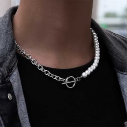 Pendant Necklaces New Fashion Chunky Chain Necklace Men Classic Stainless Steel Toggle Clasp Imitation Pearls for Jewelry Gift 230613