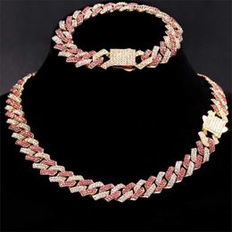 Strands New Pink 14mm Rhombus Cuban Chain Necklace Bracelet for Women Bling 2 Row Rhinestone Prong Hiphop Set Jewellery 230613