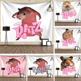 Tapestries I'm Strong RATZ Pink Mouse Meme Funny Pattern Large Fabric Wall Tapestry Kawaii Room Decor Background Cloth Decoration Blanket 230616