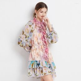 Casual Dresses Elegant Fairy Dress Slim Temperament Belt Flower Print Chiffon Beaded Button Summer Ruffled Sweet Holiday Clothing G704