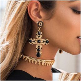 Other Fashion Accessories New Arrival Vintage Black Pink Crystal Cross Drop Earrings For Women Baroque Bohemian Large Long J Dhgarden Dhf1U