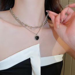 Pendant Necklaces 2023 Korea Metal Round Bead Chain Black Heart Double Layer For Women Trendy Simple Collarbone Goth Statement Jewellery