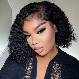 Brazilian Deep Wave Frontal Wig Bob Wig Lace Front Human Hair Wigs180Density Transparent Curl Bob PrePlucked Remy Glueless