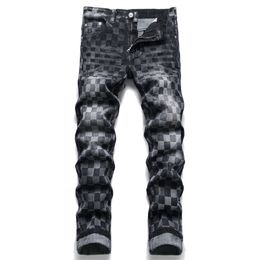 Men's Jeans Mens Autumn Punk Checkered Cotton Slim Fit Pencil Pants Mid Waist Full Length Trousers 230617