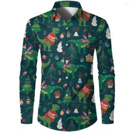 Men's Casual Shirts Men's Fashion Outdoor Cardigan Green Eye-catching 3D Christmas Elements Printing Hawaiian Lapel Quick-drying