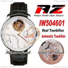 AZF Real Tourbillon Mystere Automatic Mens Watch Power Reserve IW504601 Steel Case White Dial Gold Number Black Leather Super Edition Reloj Hombre Puretime E5