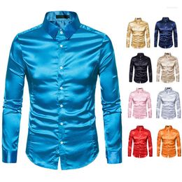 Men's Casual Shirts Men Shirt Silk Satin Smooth Tuxedo Business Solid Slim Fit Shiny Gold Wedding Prom Party Dress
