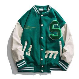 Men'S Jackets High Street Baseball Jacket Men Pu Leather Splice Towel Embroidery Varsity Vintage Loose Causal Coat Couple Green Drop Dh3Kd