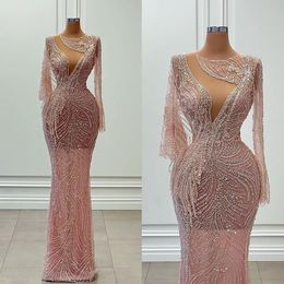 Wunderschöne Meerjungfrau-Abschlussballkleider, Juwelen-Tüllärmel, glänzende Bewerberquasten, Perlen, hohl, bodenlang, maßgeschneidertes Partykleid in Übergröße, Vestido De Noite