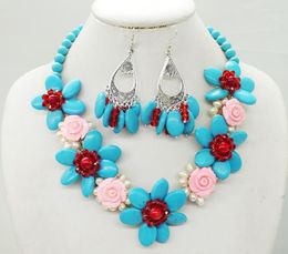 Necklace Earrings Set Classic Turkish Semi-precious Stones. Coral. Pearl Hand-woven Flower Necklace. African Ladies' Fashion 20"
