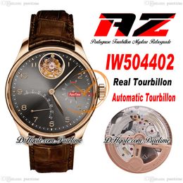 AZF Real Tourbillon Mystere Automatic Mens Watch Power Reserve IW504402 Rose Gold Grey Dial Number Markers Brown Leather Super Edition Reloj Hombre Puretime G7