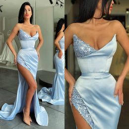 Sexy Baby Blue Prom Dresses V Neck Sequins Party Evening Gowns Pleats Slit Semi Formal Red Carpet Long Special Occasion dress