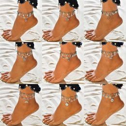 Anklets Letapi Vintage Silver Colour Multilayer for Women Bohemian Turtle Conch Beads Leaves Anklet Bracelet Boho Jewellery 230607