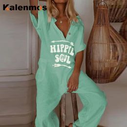 Women's Jumpsuits Rompers Jumpsuit Women Overalls Letter Print V Neck Cotton Linen Bodysuits Loose Trousers Summer Romper Sexy Streetwear Elegant Bodysuit 230616