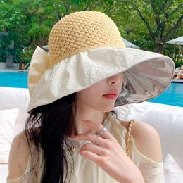 Wide Brim Hats Hollow Top Coloured Rubber Sunshade Hat Large Thin Face Sun Outdoor Beach Bows And Sunscreen For Women