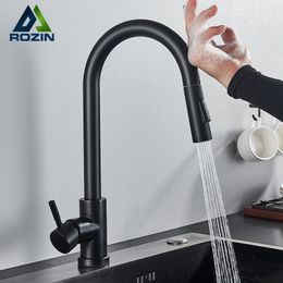 Bathroom Sink Faucets Rozin Smart Touch Kitchen Faucet Black Pull Out Sensor BlackNickel 360 Rotation Crane 2 Outlet Water Mixer Taps 230616