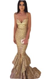 Gold Sequined Mermaid Prom Dresses Front Split Floor Length Party Gowns Bottom Ruffles Formal Evening Gown Special Occasion Dresses