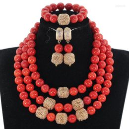 Necklace Earrings Set Coral Red African Bead Jewellery 14MM Natural Stones Chunky Bib Wedding CNR399