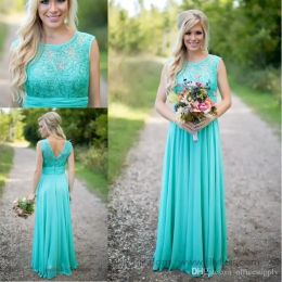 Vintage Country Style Turquoise Bridesmaid Dresses Crew Neck Sequined Lace Chiffon Long Beach Maid of Honor Wedding Party Dress