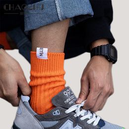 Sports Socks CHAOZHU Male Solid Colors Rib Cotton Thicken Label Top Bright Neon Orange White Red Grey Stretch Heavy Industry Sox 230617