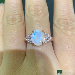 Rings Beautif Rose Gold Color 925 Sterling Sier Rainbow Blue Natural Moonstone Engagement Ring Drop Delivery Jewelry Dhgarden Dhtoj
