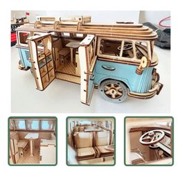 3D Puzzles Wood Puzzle Retro Bus Europeanstyle Campervan Assembled Car Model DIY Handson Ability Cultivate Children Toys Boy Girl Gift 230616