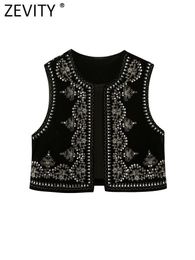 Women's Vests Zevity Women Vintage O Neck Sequins Flower Embroidery Short Vest Jacket Ladies Sleeveless Casual Velvet WaistCoat Tops CT3020 230616